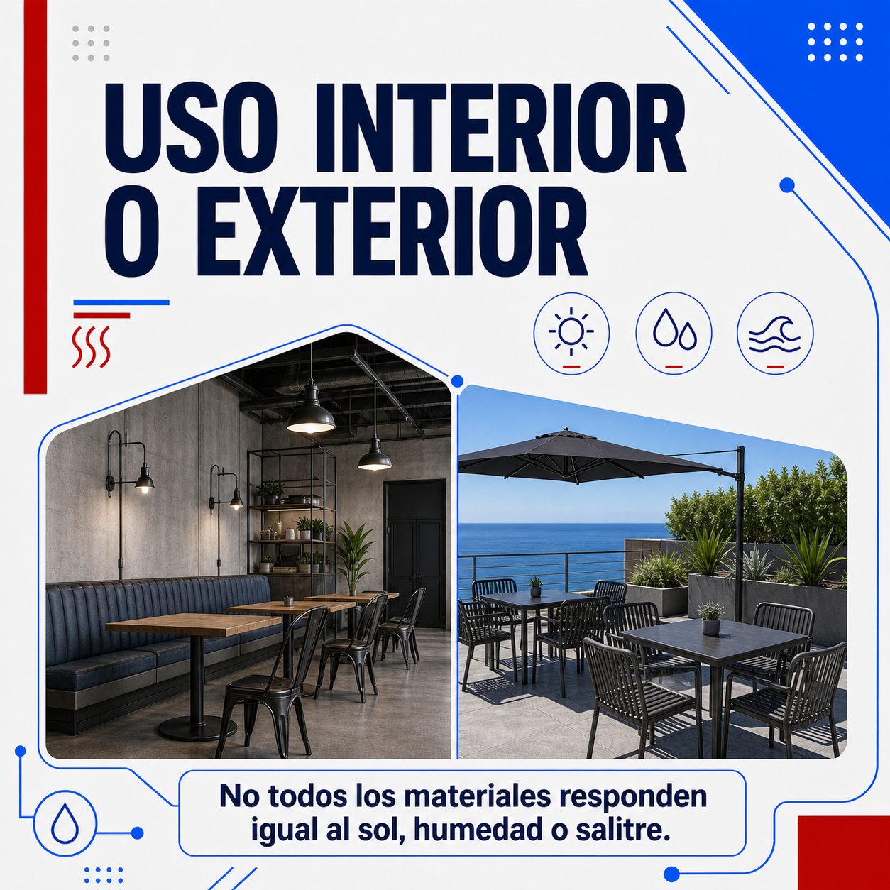 Uso interior o Exterior para elegir Mobiliario de Hostelería Rohostel Canarias, No todos los materiales responden igual al sol, humedad o salitre.