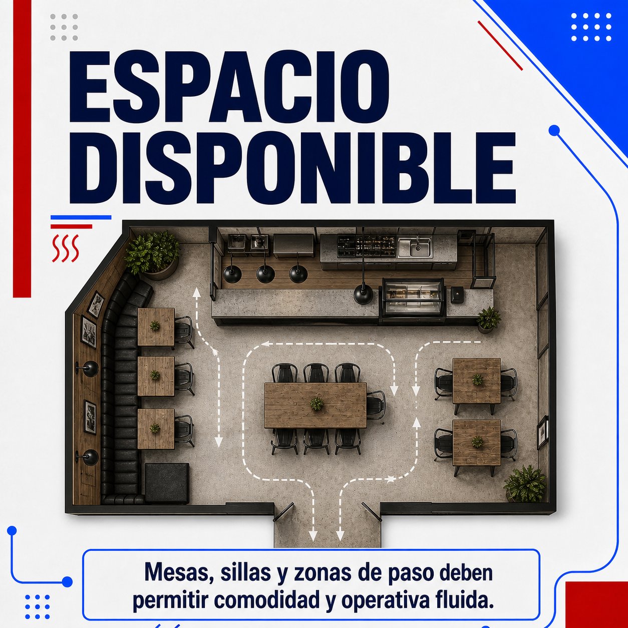 Espacio Disponible para elegir Mobiliario de Hostelería Rohostel Canarias. Las Mesas, sillas y zonas de paso deben permitir comodidad y operativa fluida.