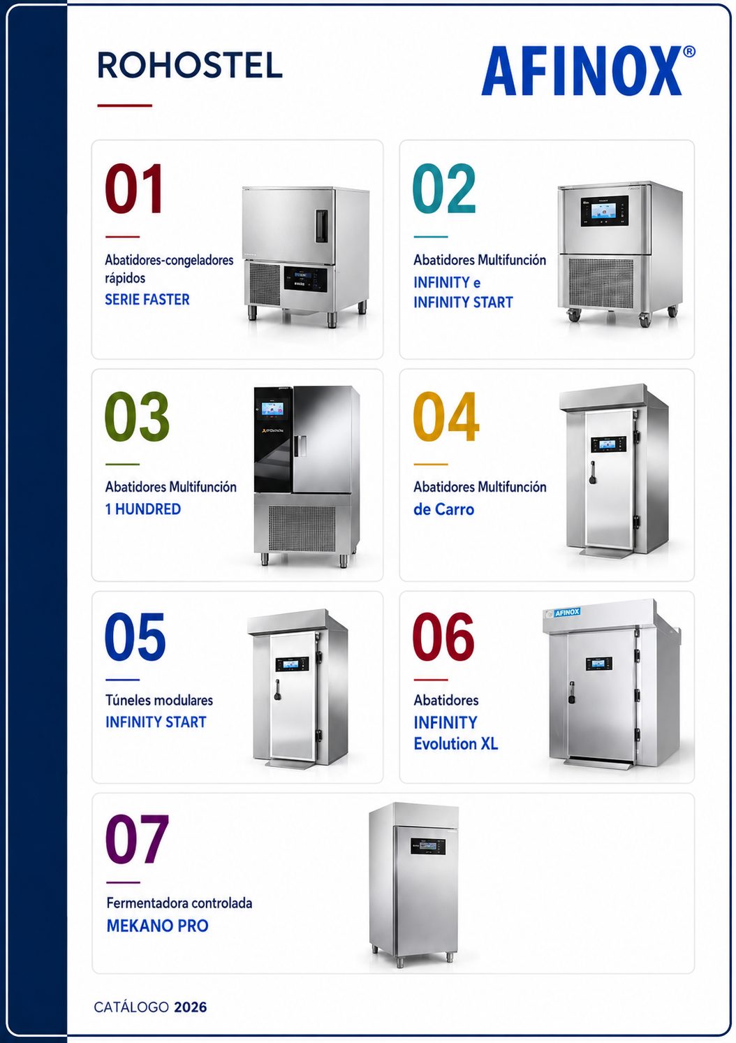 Catálogo afinox 2026 con: Abatidores-congeladores: Serie Faster (competitivos y fiables) y Serie Infinity/Infinity Start.
Equipos industriales: Abatidores de carro (Infinity Evolution XL) con puertas pasantes para gran distribución.
Fermentación: Fermentadoras controladas (Mekano Pro) para panadería.
Túneles modulares: Sistemas de enfriamiento rápido para procesos en cadena.