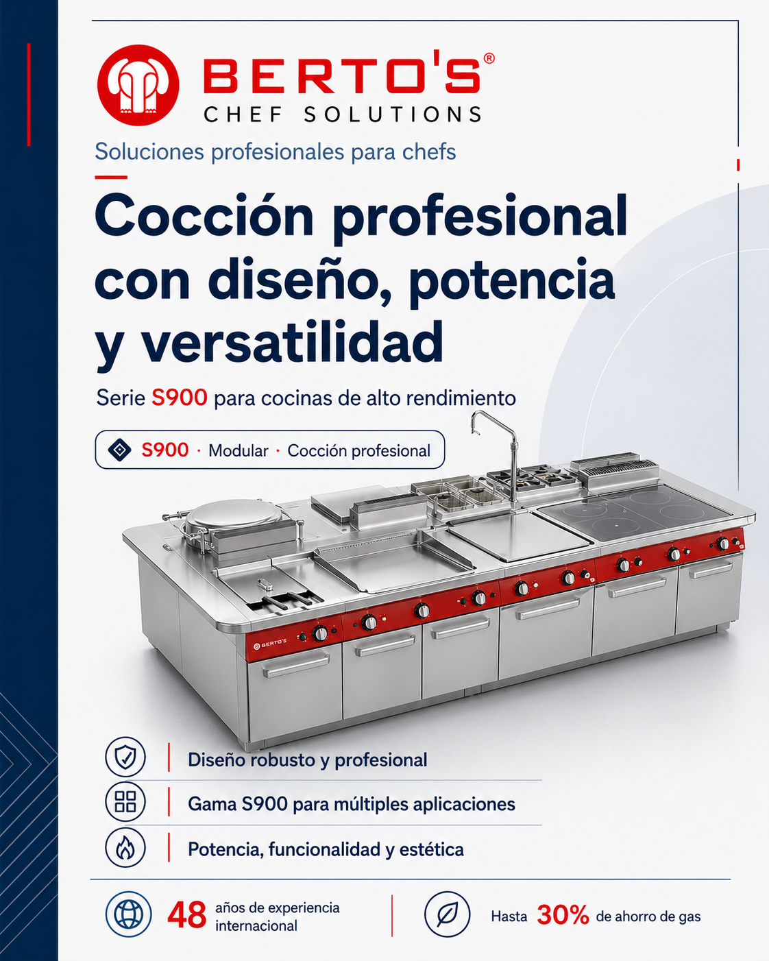 Maquinaria de Cocción modular Bertos. Cocinas (gas, eléctricas e inducción), freidoras, fry tops, barbacoas, cuece pastas, baño maría y marmitas. Catálogo de Cocción Industrial: bloques de cocción modular. Gama de productos: Cocinas (gas, eléctricas e inducción), freidoras, fry tops, barbacoas, cuece pastas, baño maría y marmitas. Incluye elementos de soporte, muebles neutros y accesorios específicos para cada línea de cocción.