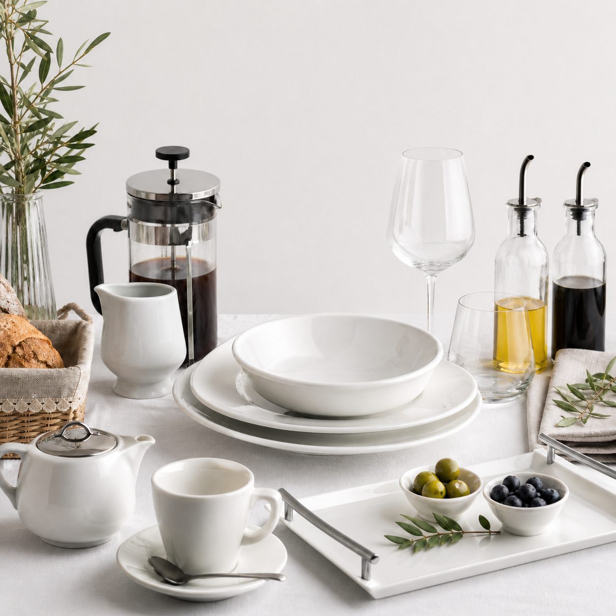 menaje para el desayuno, vajilla, cristalería, utencilios