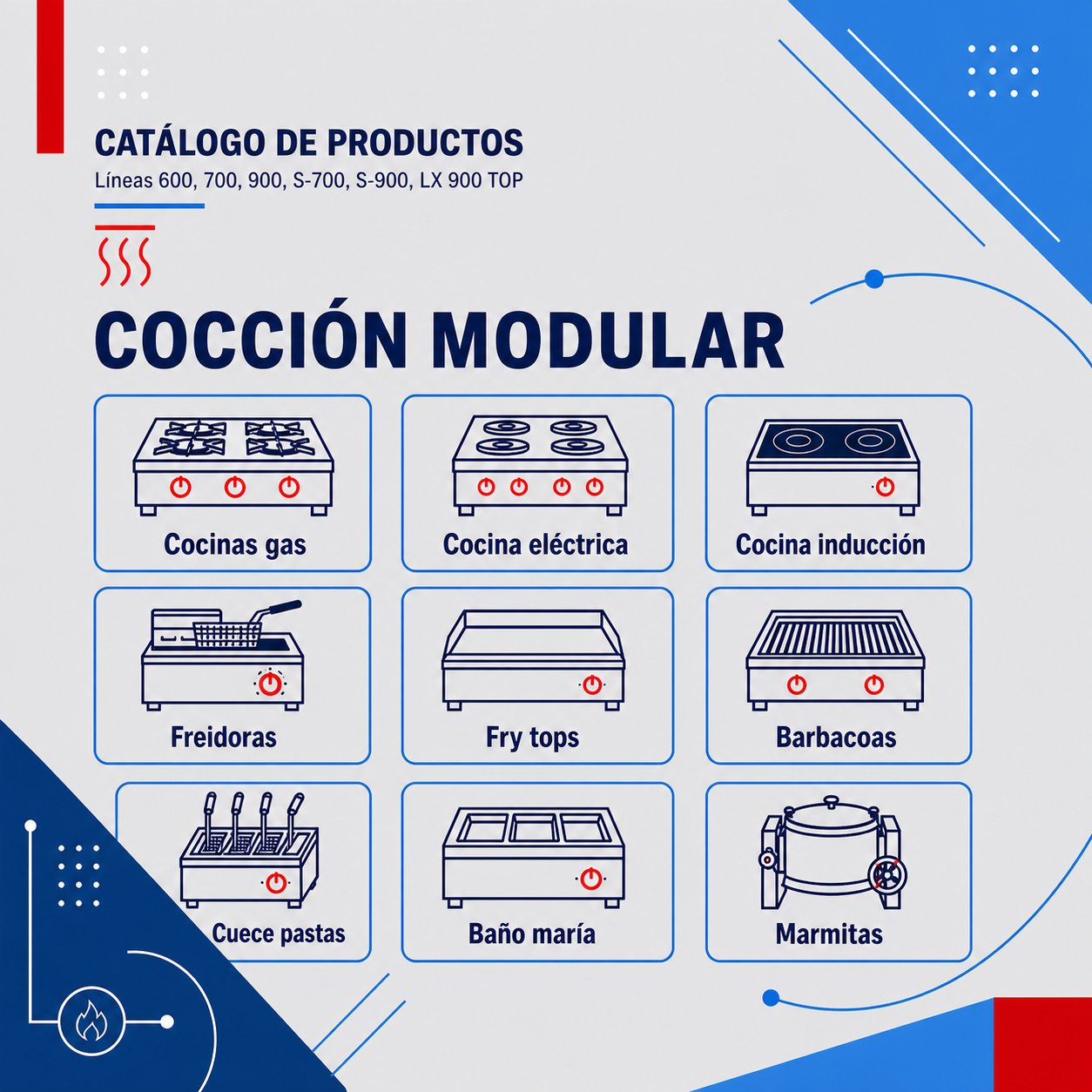 Maquinaria de Cocción modular Bertos. Cocinas (gas, eléctricas e inducción), freidoras, fry tops, barbacoas, cuece pastas, baño maría y marmitas.