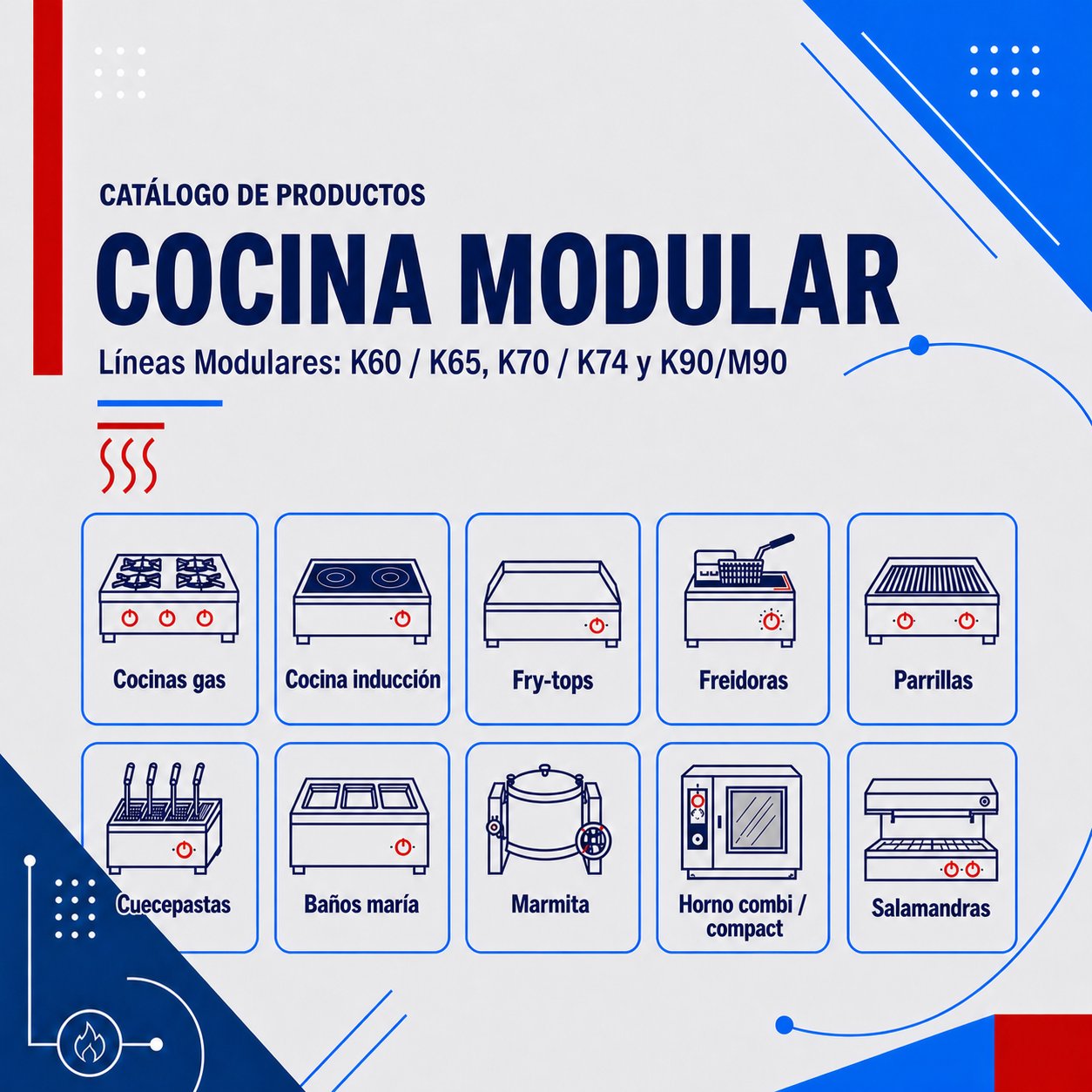 Maquinaria de Cocción Infrico Cocinas con soporte o con horno, Frytops, Barbacoas, Freidoras, Cuecepastas, Baño María, Sartenes Basculantes, Marmitas. Mobiliario Neutro y Soporte Armario.