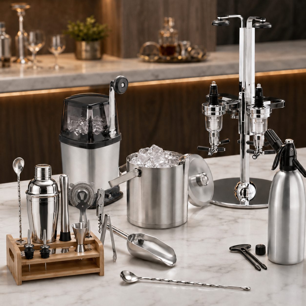 set de vasos inox con ribeteador y coctelera Lacor