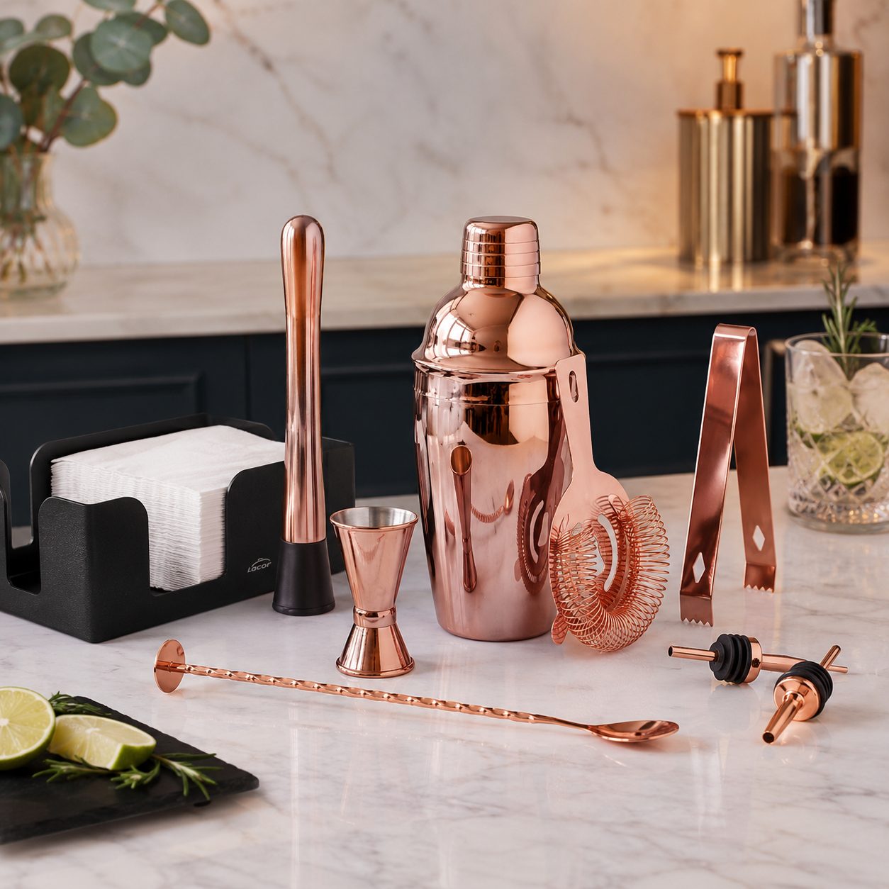 set de vasos inox con ribeteador y coctelera Lacor