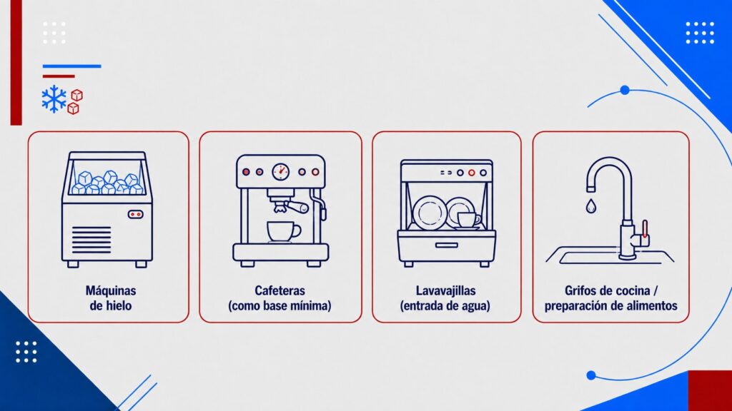 maquinaria industrial que se beneficia de un buen tratamiento del agua como la filtración: Cafetería profesional, Hornos, Cocinas técnicas, máquinas de hielo, Fuentes de Agua y Equipos donde el agua afecta al resultado final o se consuma agua.