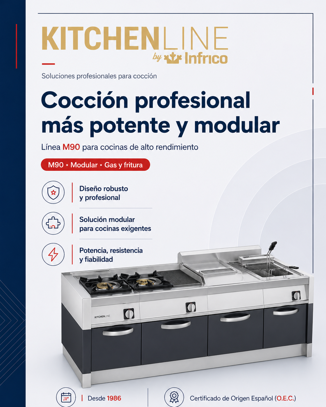 Maquinaria de Cocción Infrico Cocinas modulares con soporte o con horno, Frytops, Barbacoas, Freidoras, Cuecepastas, Baño María, Sartenes Basculantes, Marmitas. Mobiliario Neutro y Soporte Armario. Catálogo de Cocción Industrial: Incluye Hornos Profesionales Combi (mixtos) y Compact (alto rendimiento en formato estrecho), con opciones de control digital o electromecánico.