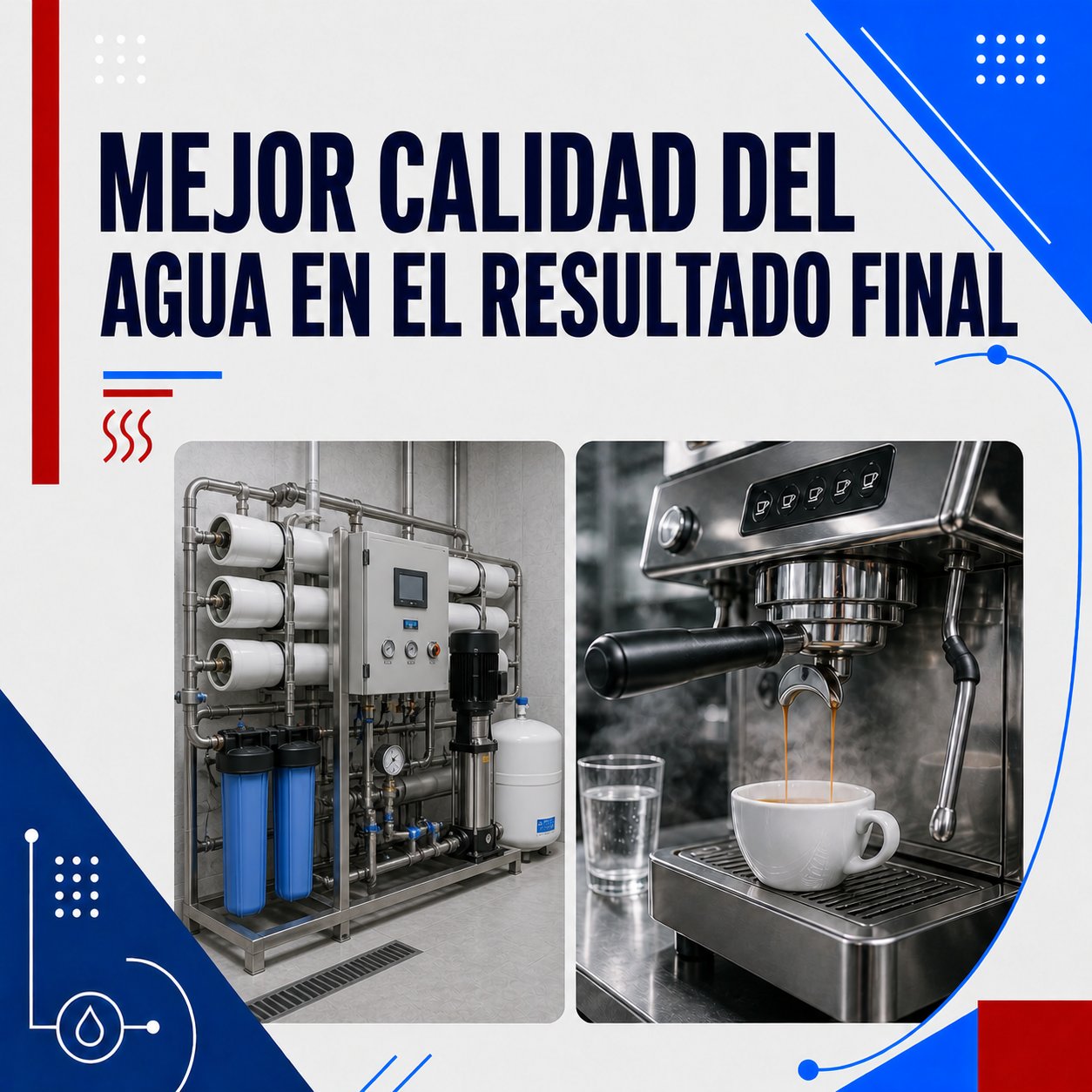 Mejor calidad del agua en el resultado final: En cafeteras, hornos, máquinas de hielo o fuentes, el tratamiento del agua mejora sabor, olor y pureza. Eso afecta directamente a la calidad percibida por el cliente.