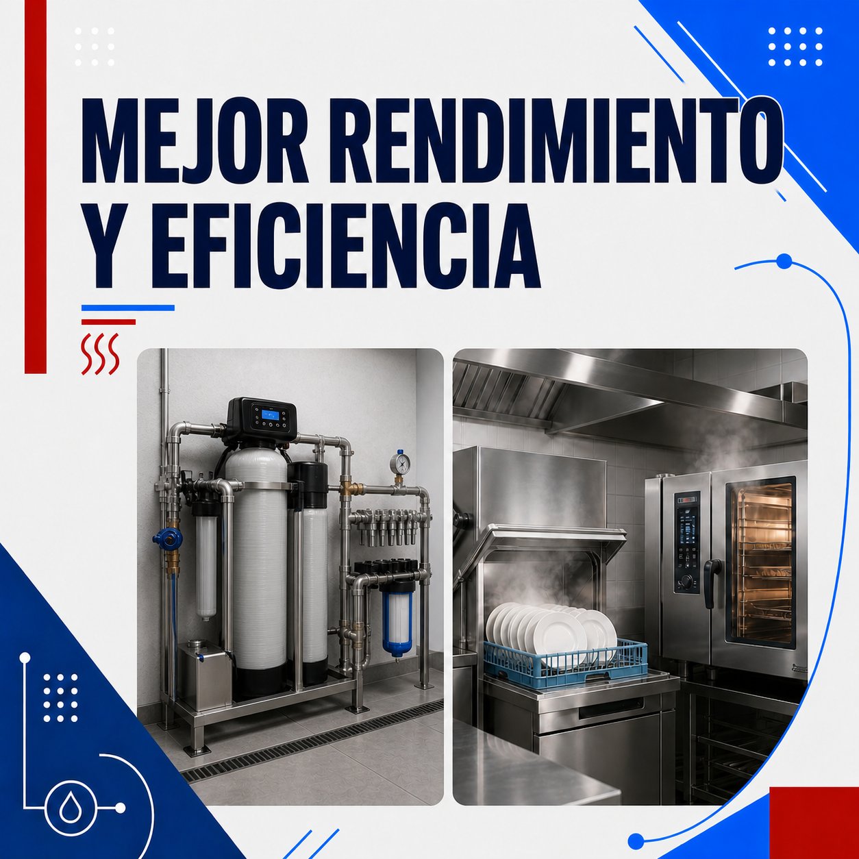 Mejor rendimiento y eficiencia por el servicio de tratamiento del agua: Una resistencia o circuito sin cal trabaja mejor y consume menos energía. El equipo calienta, lava o produce vapor de forma más eficiente.