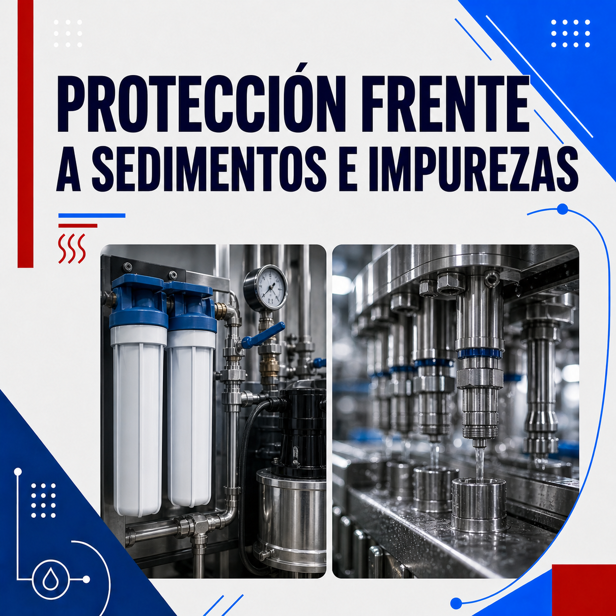 Protección frente a sedimentos e impurezas por un buen tratamiento del agua. La filtración retiene partículas, suciedad y otros elementos que pueden dañar válvulas, boquillas y componentes sensibles.