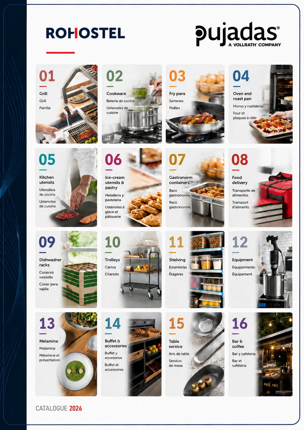 Catálogo Pujadas 2026 con: Preparación Mecánica: para cortar, rebanar y descorazonar frutas y verduras
Utensilios Profesionales: Cacillos monobloc, espumaderas, cucharas y espátulas, muchos con mango Kool-Touch® para evitar quemaduras.
Repostería: Moldes antiadherentes de diversas formas, tapetes de silicona y utensilios específicos para pastelería.
Transporte y Servicio: Carros de niveles para bandejas, estanterías y una línea completa de paneras y cestas para servicio de mesa.
Menaje de Cocción: Ollas (incluyendo modelos con grifo y versiones eléctricas) y paelleras de acero esmaltado.