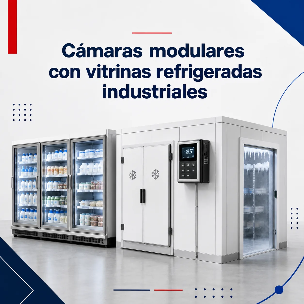 imagen minimalista de instalación, montaje y repación de cámaras modulares, con vitrinas, tunel de congelacion, por parte del servicio técnico de frío industrial de Rohostel