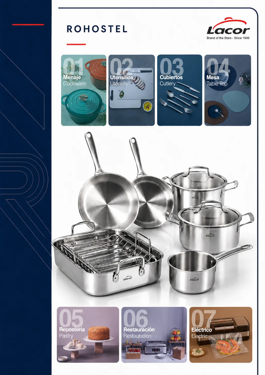 Catálogo Lacor con: Menaje de Cocción: Baterías de cocina (ollas y cacerolas), sartenes antiadherentes (reforzadas con titanio), paelleras, asadores y rustideras. Utensilios de Preparación: Cuchillería especializada, tablas de corte, mandolinas, morteros, termómetros y herramientas de medición (jarras y vasos medidores). Servicio de Mesa: Paneras (nórdicas, kraft y de mimbre), soperas, cubreplatos, queseras, aceiteras y azucareros. Bar y Bodega: Enfriabotellas acrílicos, sacacorchos (manuales y eléctricos), jarras de agua y máquinas enfriacopas. Pequeño Electrodoméstico: Batidoras de mano, picadoras, deshidratadores de alimentos y microondas.
