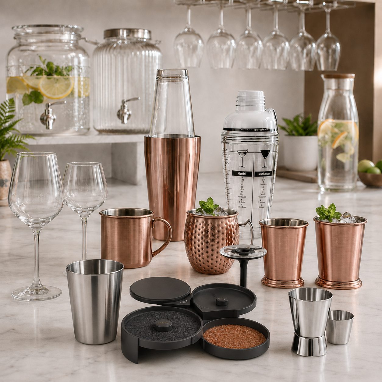 set de vasos inox con ribeteador y coctelera Lacor