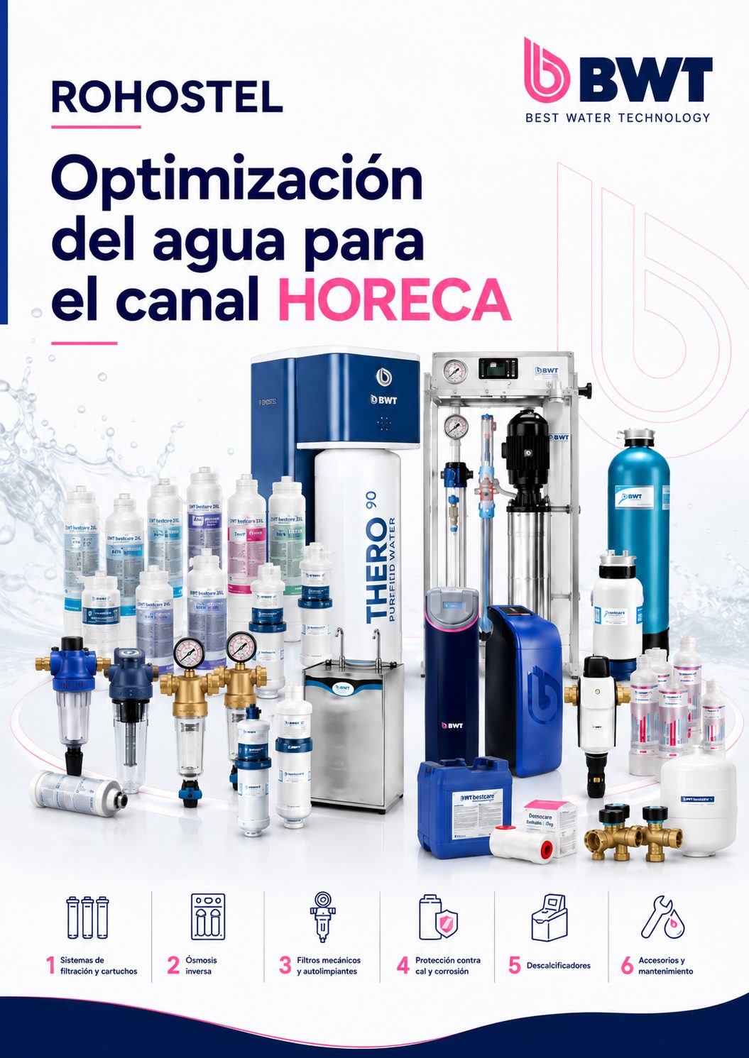 Catálogo tratamiento del agua HORECA BWT: Sistemas de Filtración por Cartuchos: BWT bestmax: Sistema de filtración de 5 etapas para reducción de cal y eliminación de olores/sabores. . BWT bestclear: Especializado en el lavado de vajilla. . BWT bestmax PREMIUM: aporta magnesio al agua, ideal para café gourmet. . BWT besttaste:para eliminar cloro y compuestos orgánicos. . BWT bestline 6”: Filtro en línea compacto para fuentes de agua de red. Filtros Mecánicos y Autolimpiantes. Ósmosis Inversa especializado para hostelería (café, hornos y lavavajillas) de alta eficiencia y controlado por App. Dispensadores de Agua