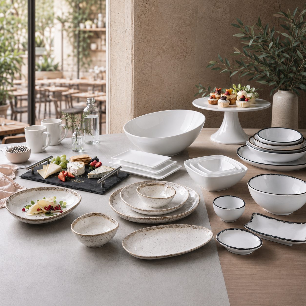 vajilla porcelana lacor, con cuencos, bol, plato hondo, plato llano, bandeja.